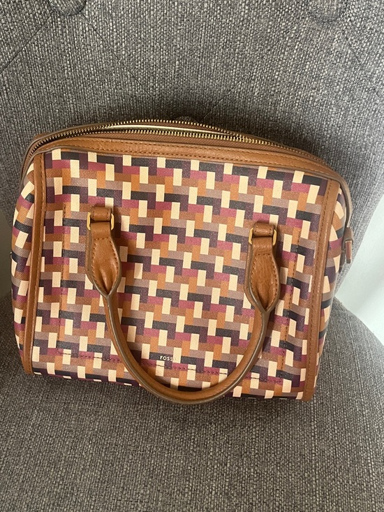 Fossil Handbags - Fossil Multicolor Woven Satchel with Brown Trim, EUC